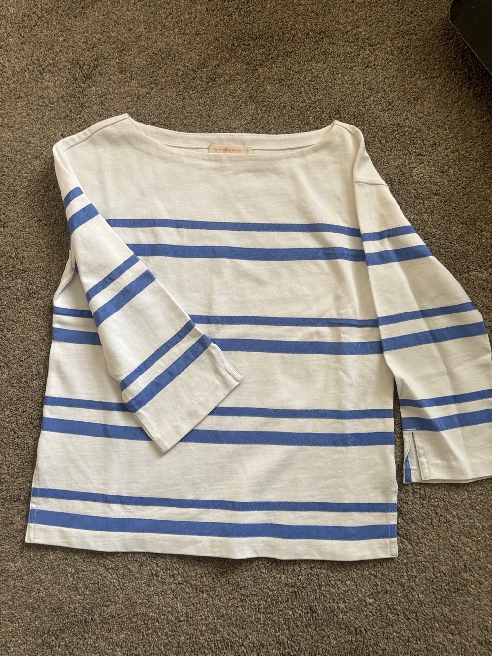 Tory Burch White Top with Blue Stripes - Boatneck 3/4 Sleeve